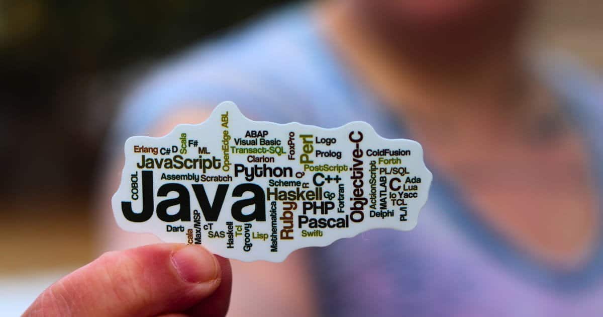 A sticker showing a word cloud of programming languages, with Java largest