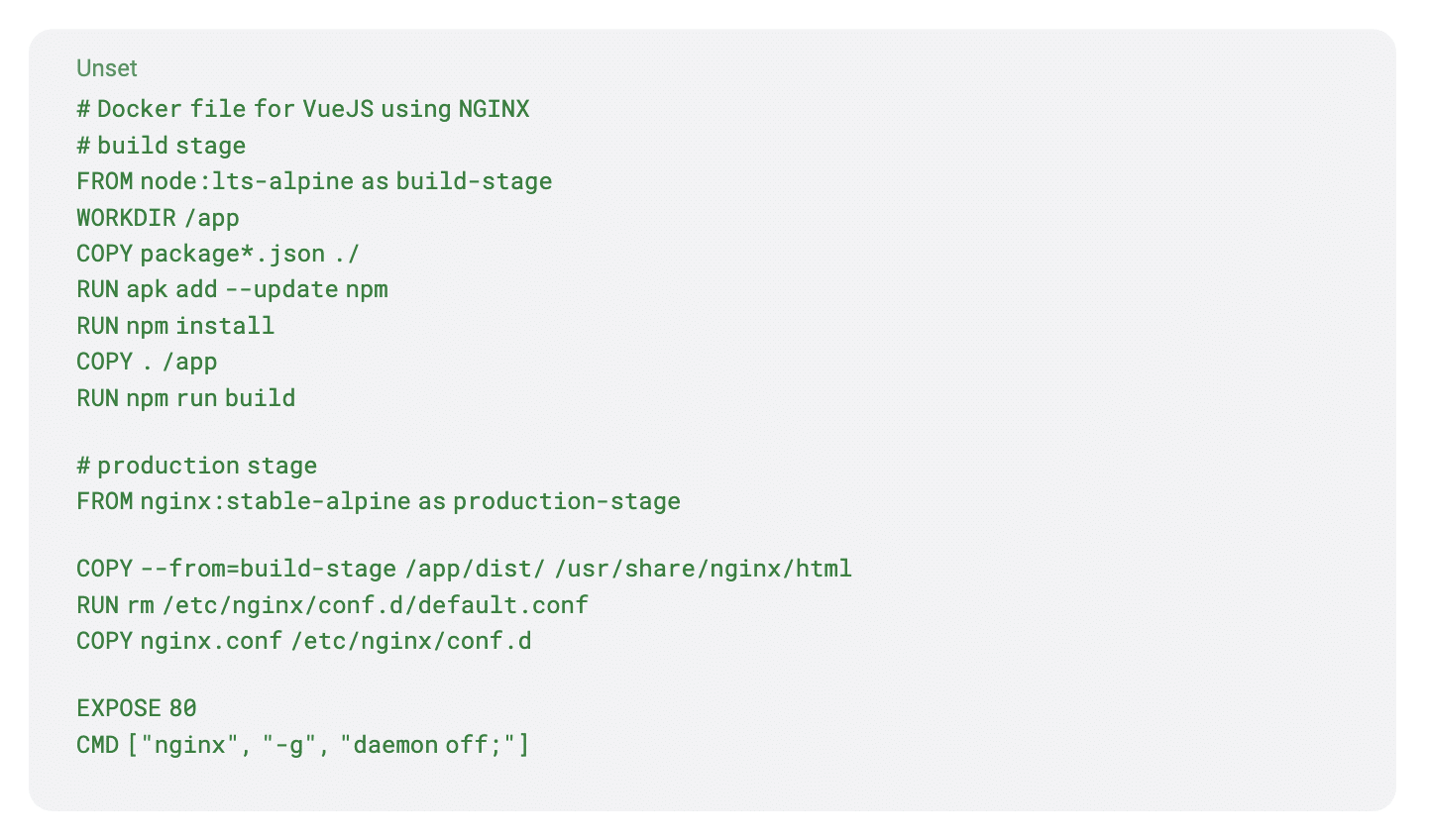 Dockerfile for a Vue.js app: a node:lts-alpine build stage that runs npm install and npm run build, then an nginx:stable-alpine production stage that copies the built files, replaces the default config and exposes port 80