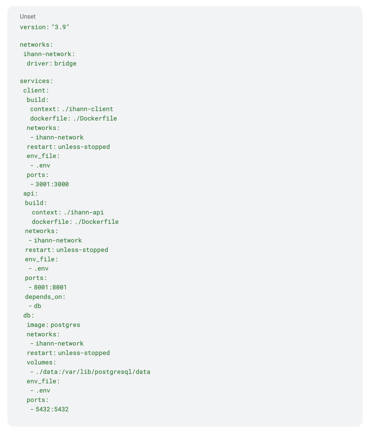 docker-compose file defining a bridge network and three services - client, api and a postgres db - each with a restart policy, an env_file and mapped ports