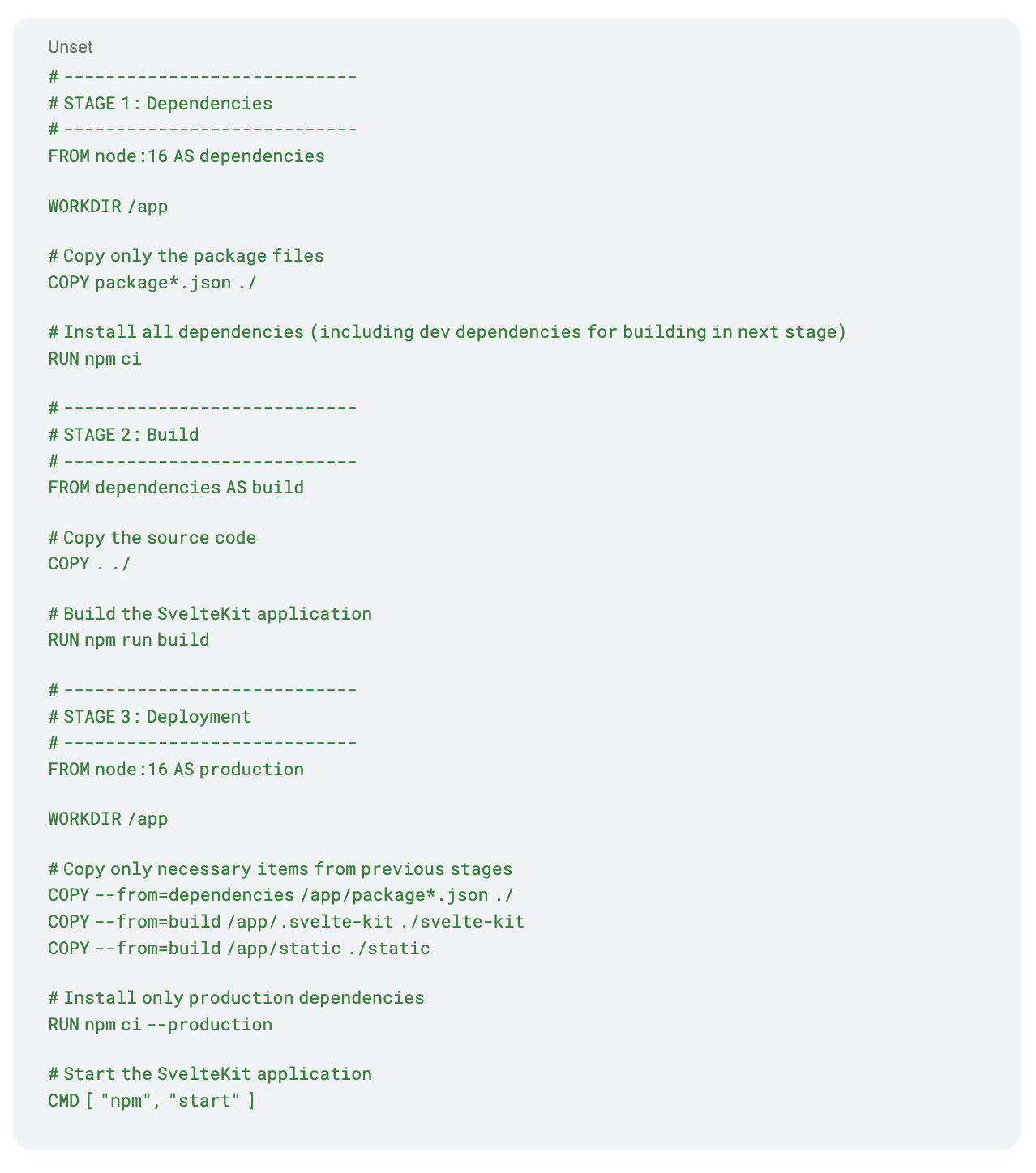 Three-stage Dockerfile for a SvelteKit app: a node:16 dependencies stage running npm ci, a build stage running npm run build, and a production stage that copies only the built output and installs production dependencies
