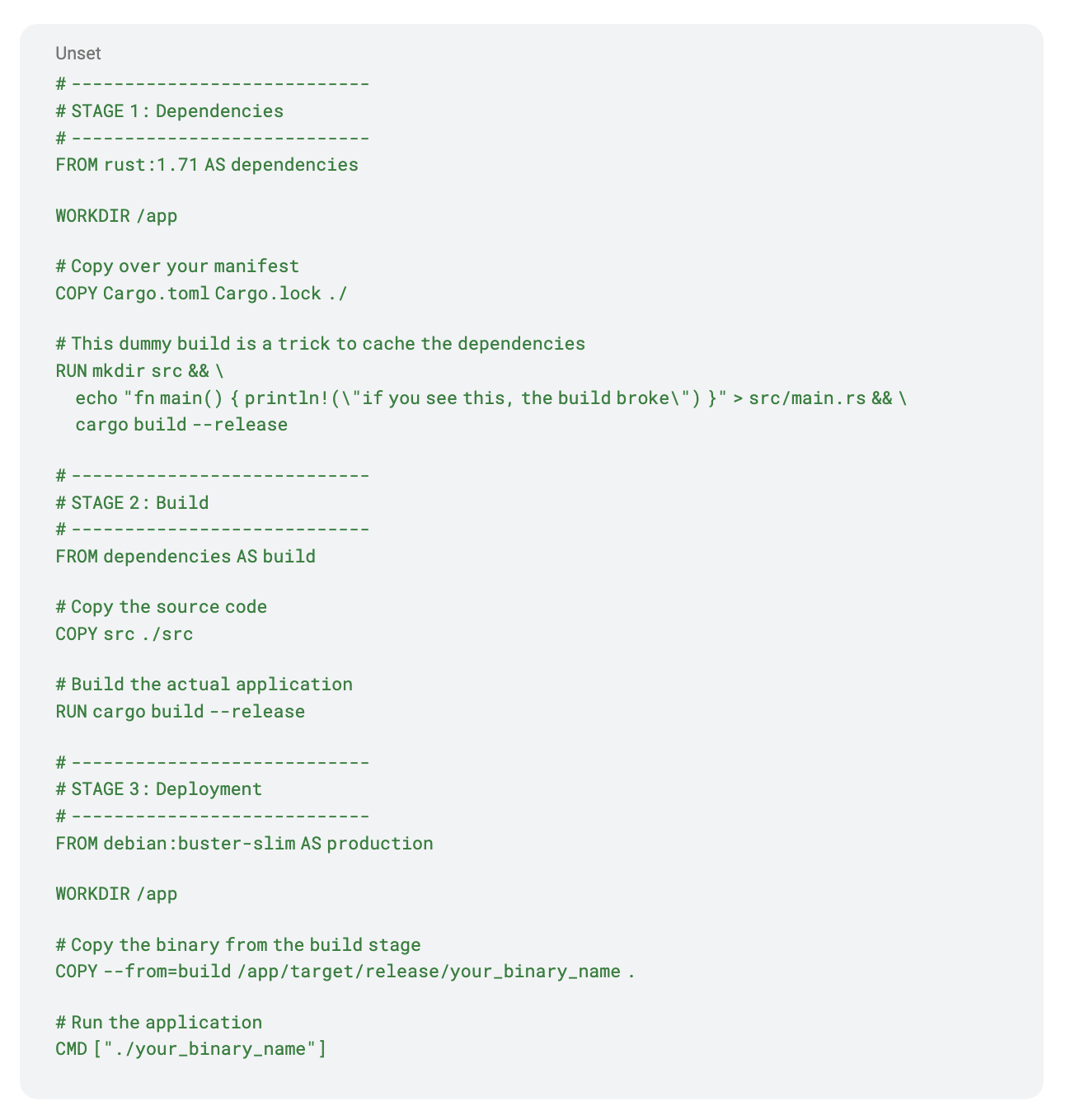 Three-stage Dockerfile for a Rust app: a rust:1.71 dependencies stage using a dummy build to cache crates, a build stage running cargo build --release, and a debian:buster-slim production stage that copies just the binary