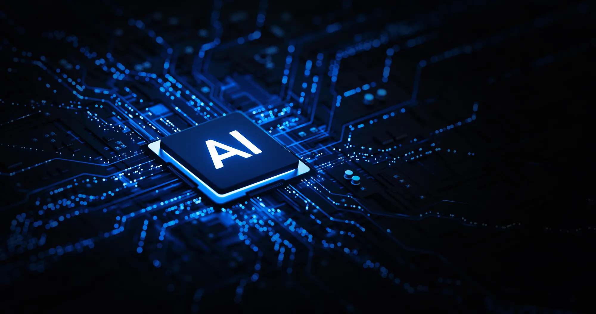 A glowing AI processor chip on a circuit board